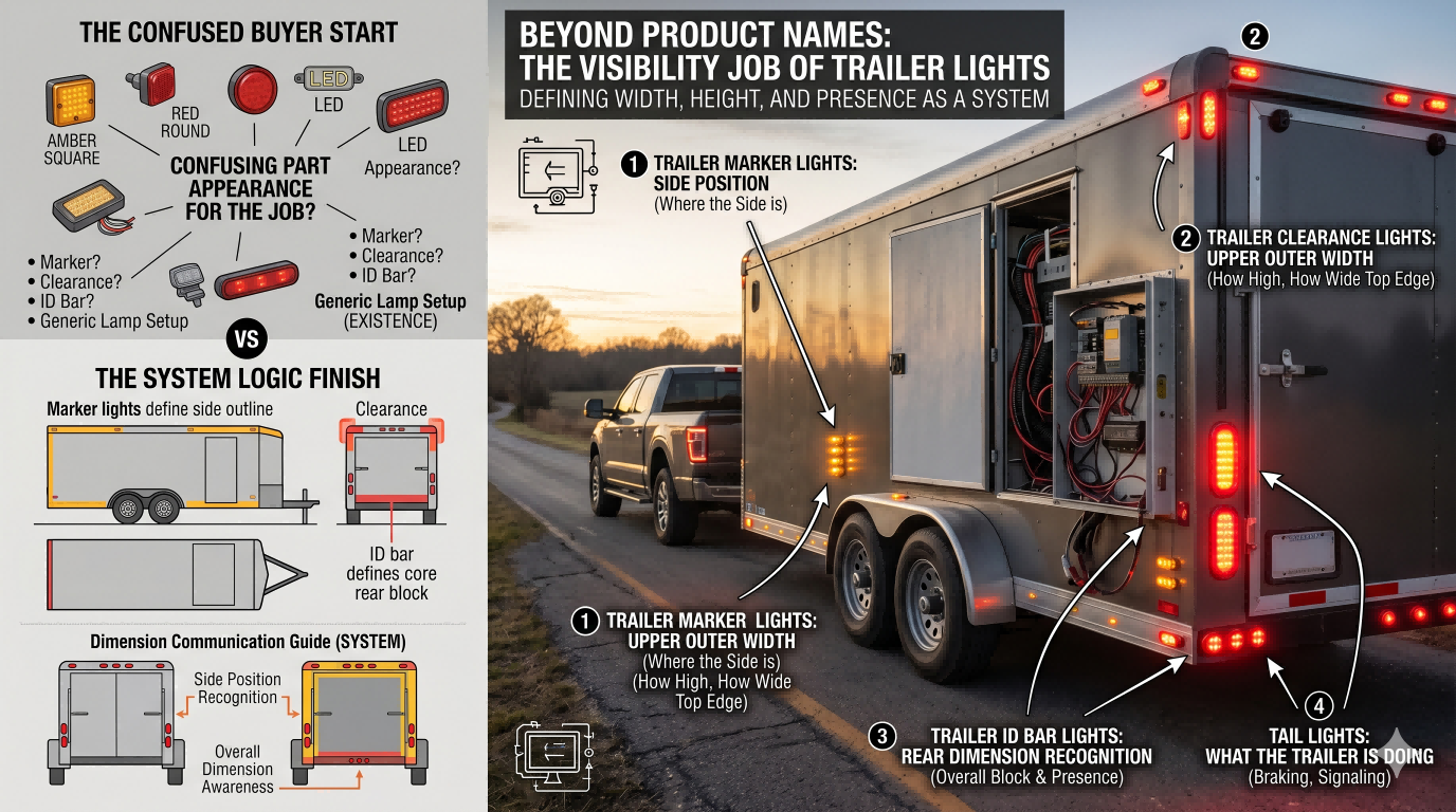 Trailer light system overview explaining the different visibility roles of marker lights, clearance lights, ID bar lights, and tail lights
